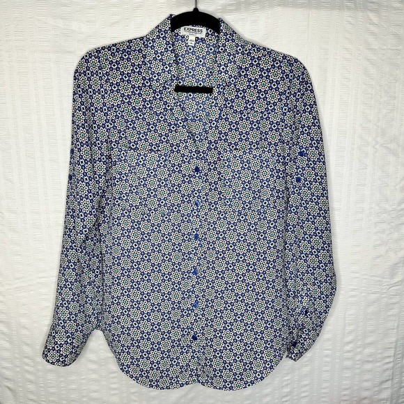 Express Tops - Express Portofino Shirt Womens Small Blue Floral Original Fit Roll Tab Button Up